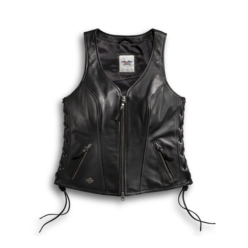 Women’s leather vest – Avenue Best Seller black cowhide with side-lacing