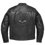 Black leather jacket – Harley-Davidson men's cowhide motorcycle jacket worn by rider, full back view