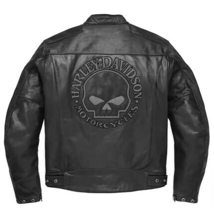 Black leather jacket – Harley-Davidson men's cowhide motorcycle jacket worn by rider, full back view