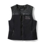 Women's black leather vest with cowhide accents and two-way zipper on Harley-Davidson Long Haul Utility model