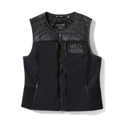 Women's black leather vest with cowhide accents and two-way zipper on Harley-Davidson Long Haul Utility model