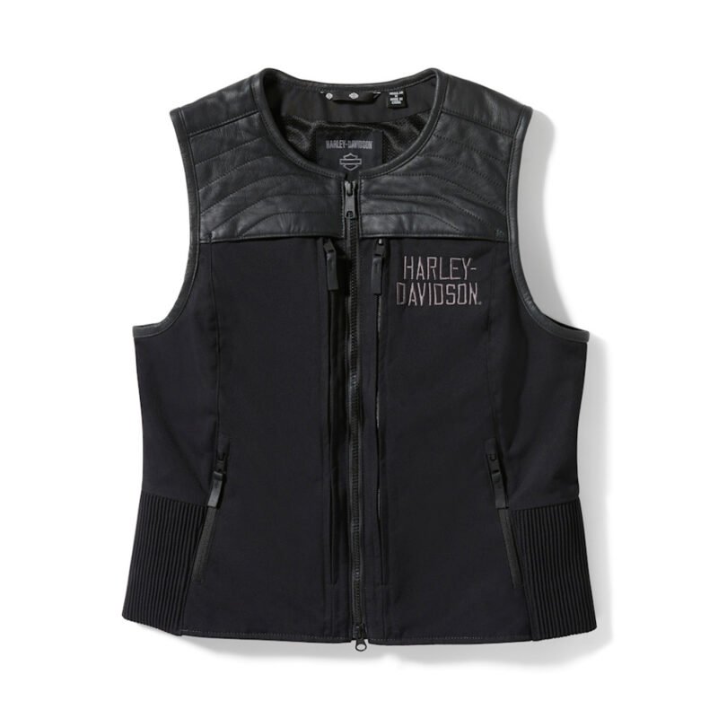 Women's black leather vest with cowhide accents and two-way zipper on Harley-Davidson Long Haul Utility model