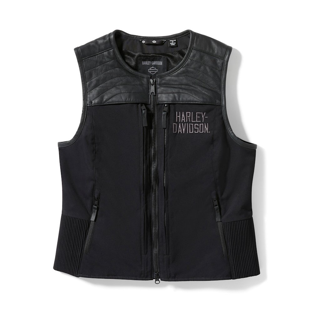 1_imresizer (10) Women's black leather vest with cowhide accents and two-way zipper on Harley-Davidson Long Haul Utility model