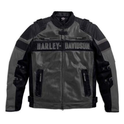 Men's black motorcycle jacket Harley Davidson front view with Bar & Shield logo and protective features