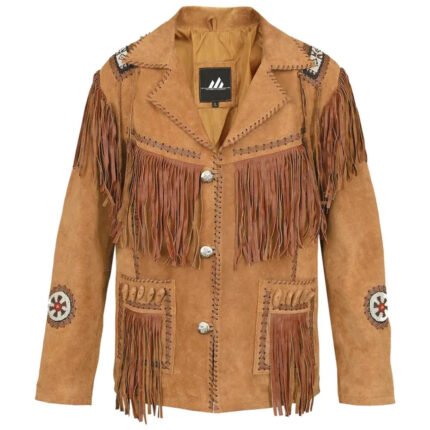 Western cowboy leather jacket with fringe in distressed brown genuine leather