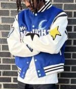 Blue Varsity Jacket: Star Patch Letterman Bomber, Unisex Streetwear - Image 3