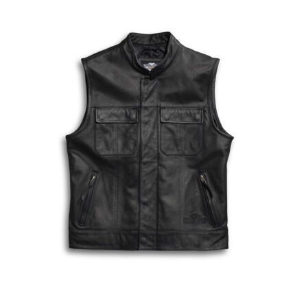 Front view of Harley-Davidson Leather Vest men’s classic motorcycle style