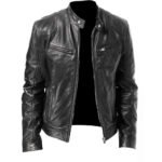 Men’s leather biker jacket in black and brown cafe racer style made from soft sheepskin leather