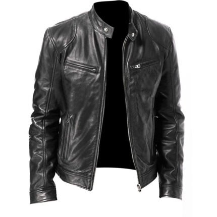Men’s leather biker jacket in black and brown cafe racer style made from soft sheepskin leather