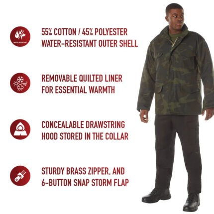 Camouflage Jacket Rothco M‑65 Tactical Military Field Jacket in Midnight Woodland Camo with removable insulated liner