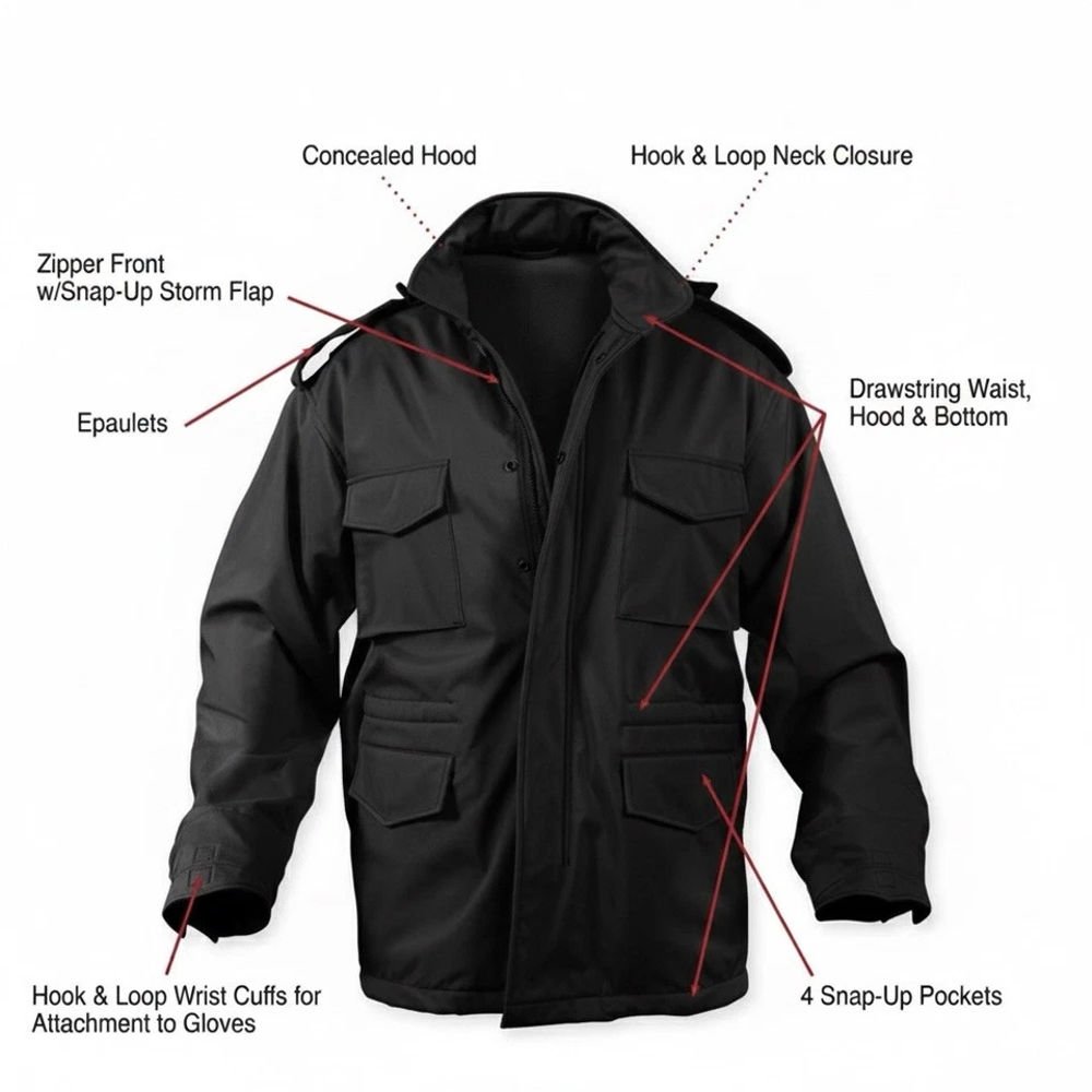 7_imresizer Field Jacket Rothco M-65 Black military-style jacket with removable liner