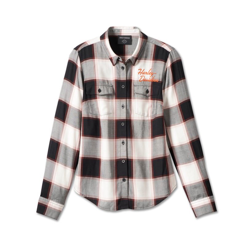 Women Shirt Harley Davidson Classic Logo Plaid Long Sleeve Biker Shirt