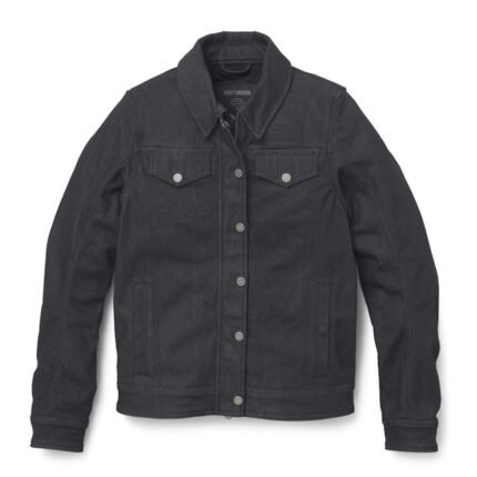 Women wearing denim jacket chisel trucker riding jacket with protective armor and biker style