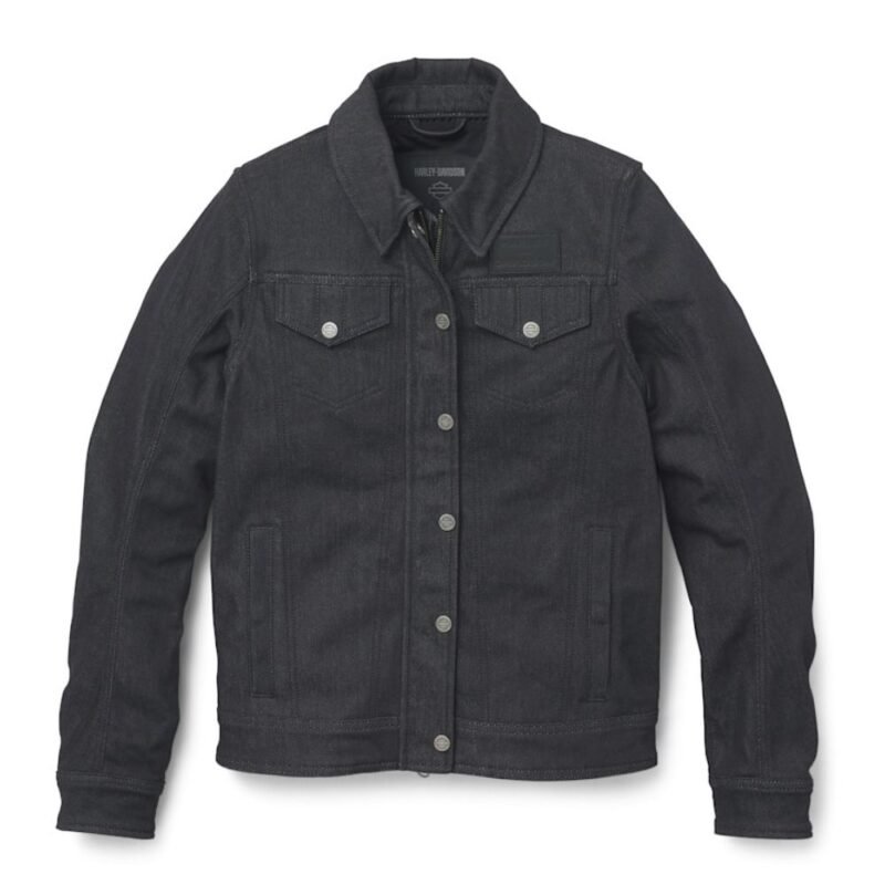 Women wearing denim jacket chisel trucker riding jacket with protective armor and biker style