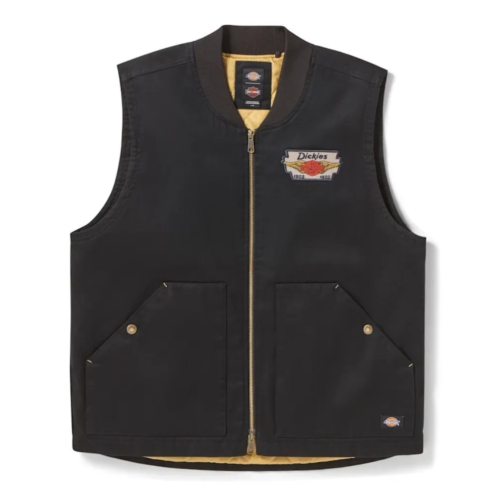 Harley-Davidson Twill Vest Dickies x Harley-Davidson Men 97400-26VM Harley-Davidson Twill Vest Dickies collaboration men rugged black vest 97400-26VM durable twill fabric